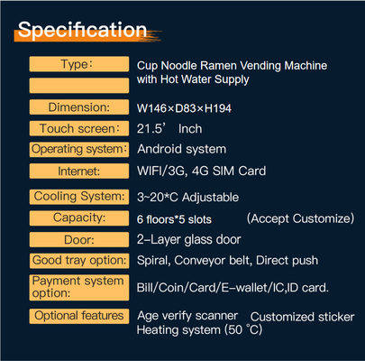 360W Cup Noodle Snack Food Vending Machine For Sale Ramen Vending Machine with Free Hot Water Supply