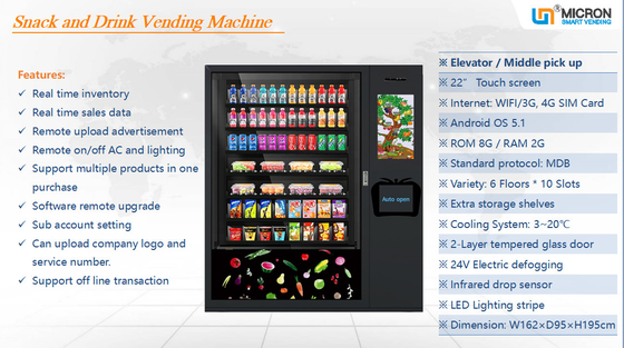 เครื่องดื่มเย็นอัตโนมัติเครื่องจำหน่ายขนมขบเคี้ยวโซดาร้านค้าปลีก Micron Smart Vending Machine