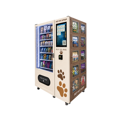Self Service Pet Vending Machine Combining Standard Vending and Side Lockers for Large and Small Pet Supplies