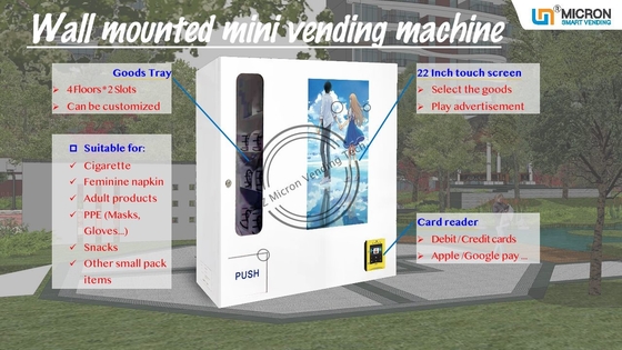 เครื่องจำหน่ายสินค้าอัตโนมัติแบบติดผนังอัจฉริยะขนาดเล็กพร้อมการจัดการโฆษณาและหน้าจอสัมผัส